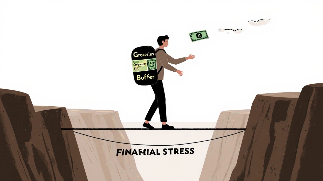 Person balancing on a tightrope with financial categories in a backpack, symbolizing budget flexibility.