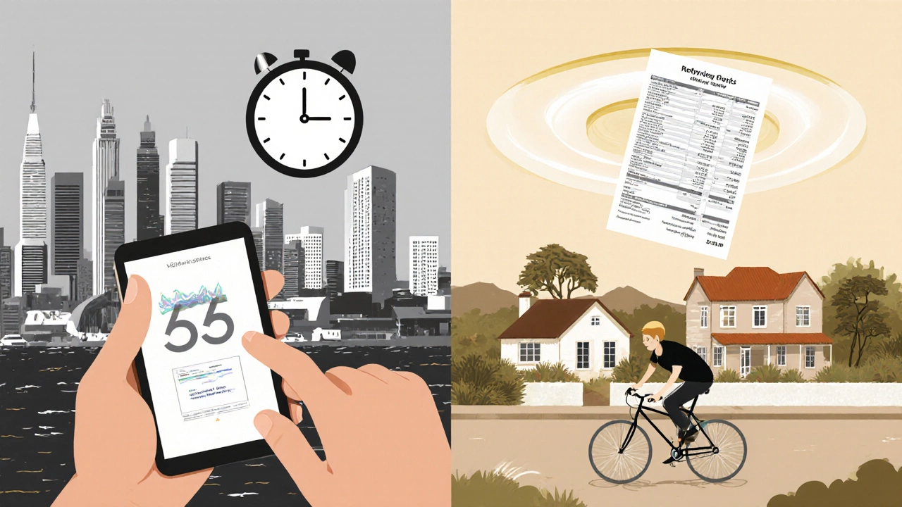 Split-screen illustration contrasting Sydney&#039;s urban stress with a peaceful regional retirement lifestyle.