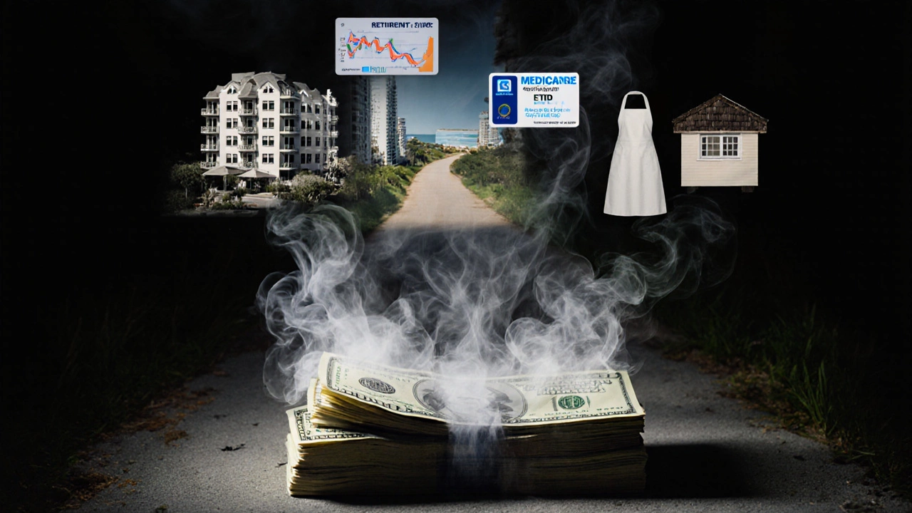 Stack of cash dissolving into symbols of smart retirement strategies: investments, rental income, and part-time work.