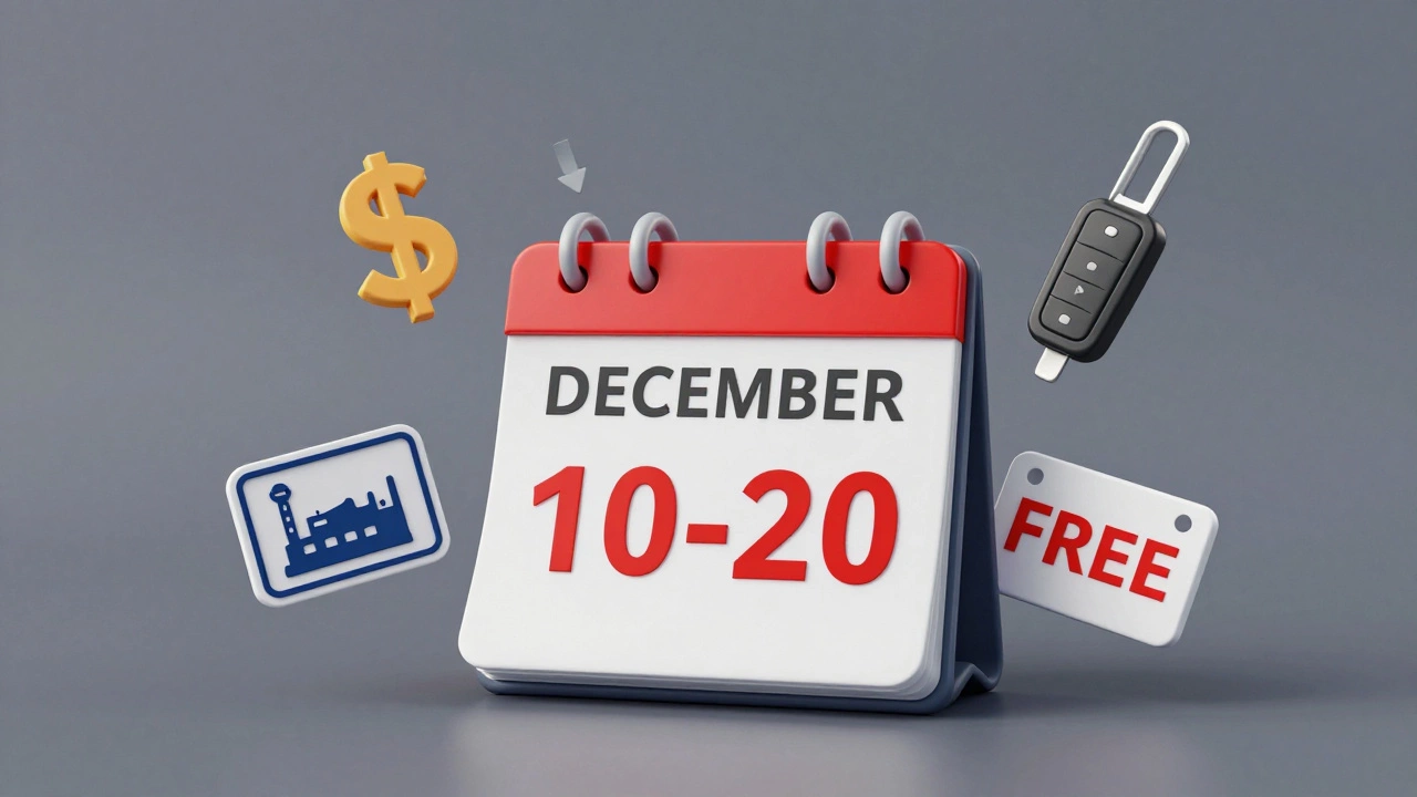 A calendar highlighting mid-December as the optimal time to buy a car, with icons representing discounts, keys, and free registration.
