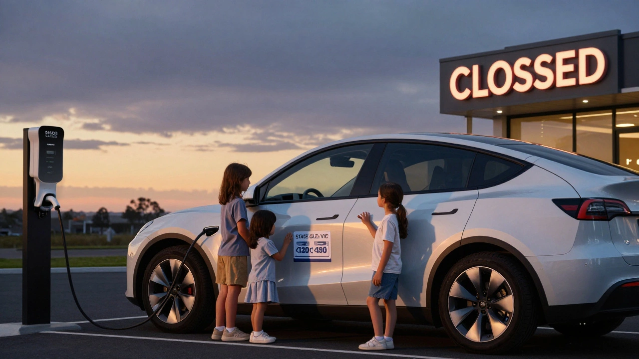 A family beside a new electric car at sunset, with a state rebate sign visible, charging cable plugged in, dealership sign faintly in background.