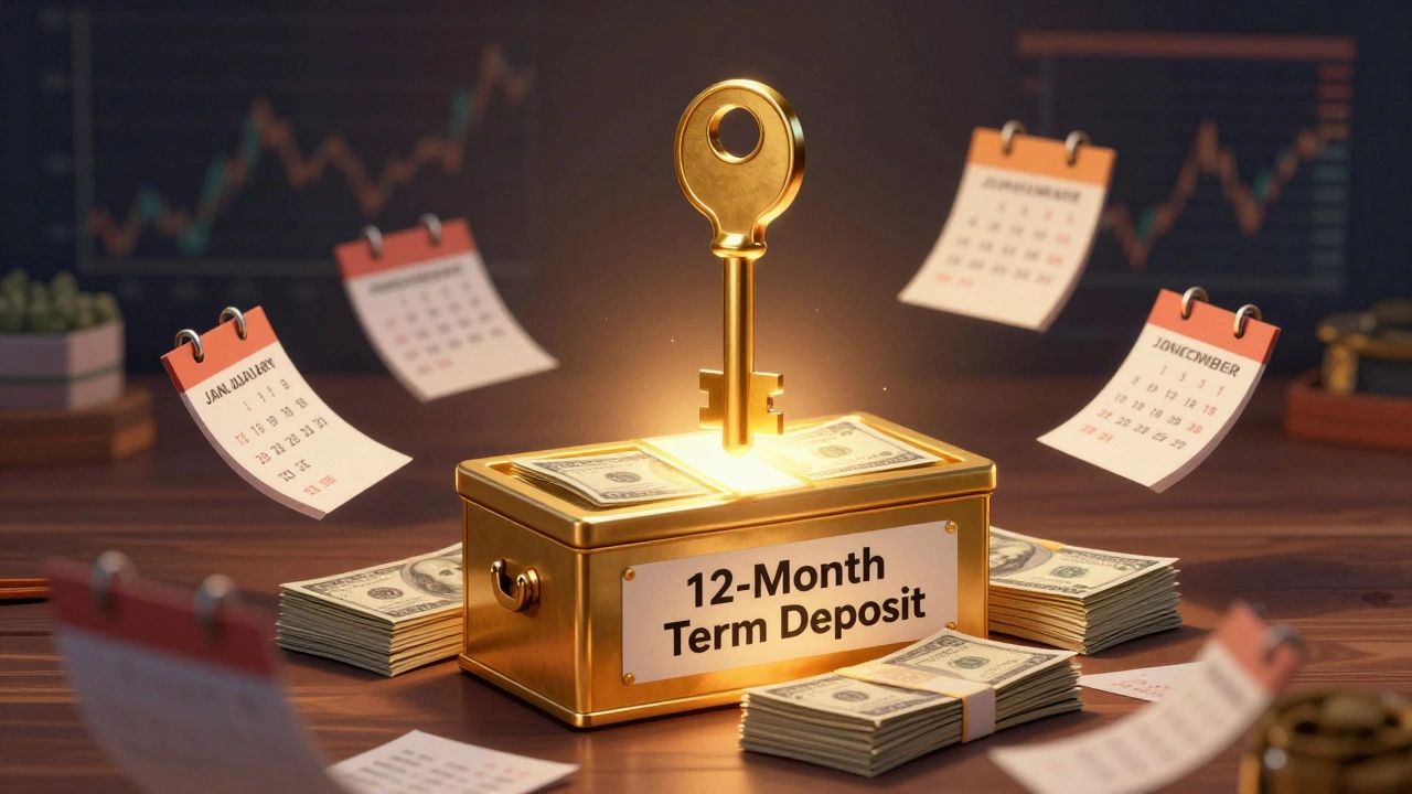 A golden key locking a time capsule filled with cash, symbolizing a fixed-term deposit.