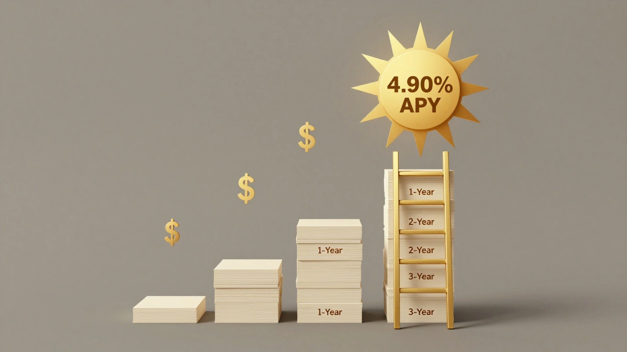 A ladder made of certificates rising toward a golden sun, representing CD laddering for better returns.