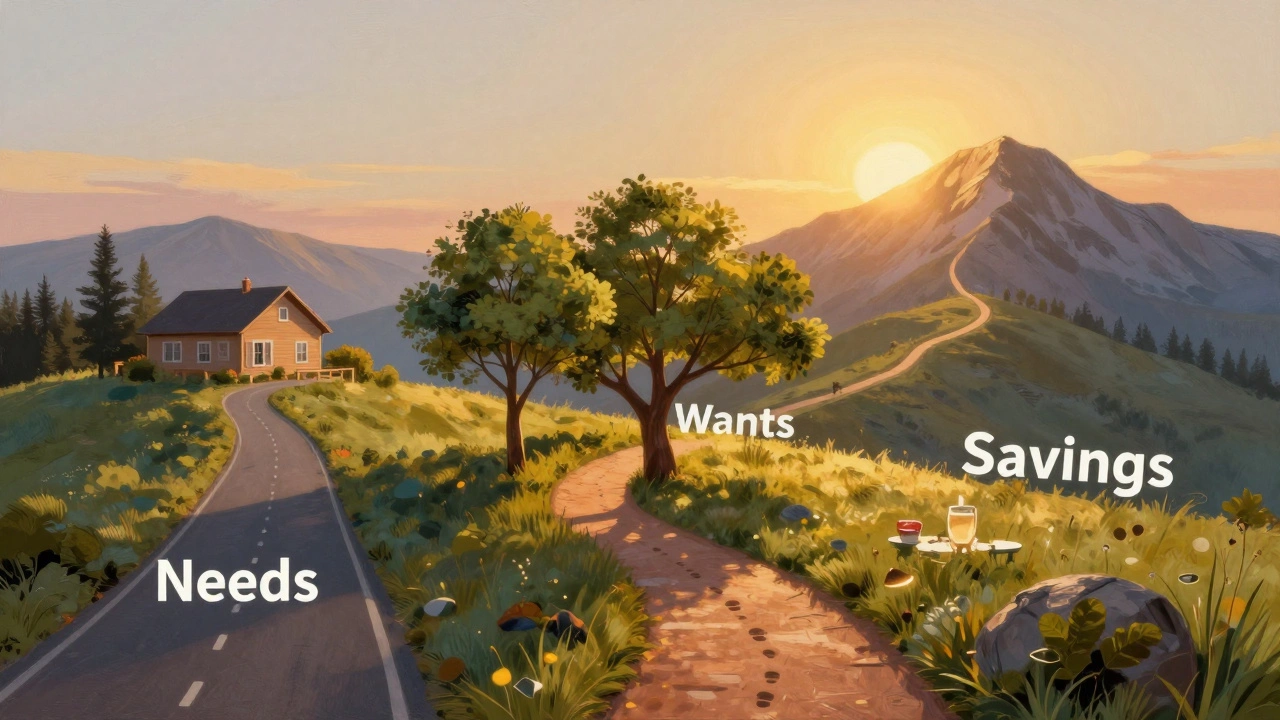 A symbolic path showing needs, wants, and savings leading to a glowing mountain of financial freedom.