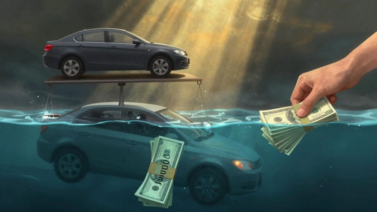 Car sinking underwater while cash stacks balance above it, symbolizing negative equity vs smart down payment.