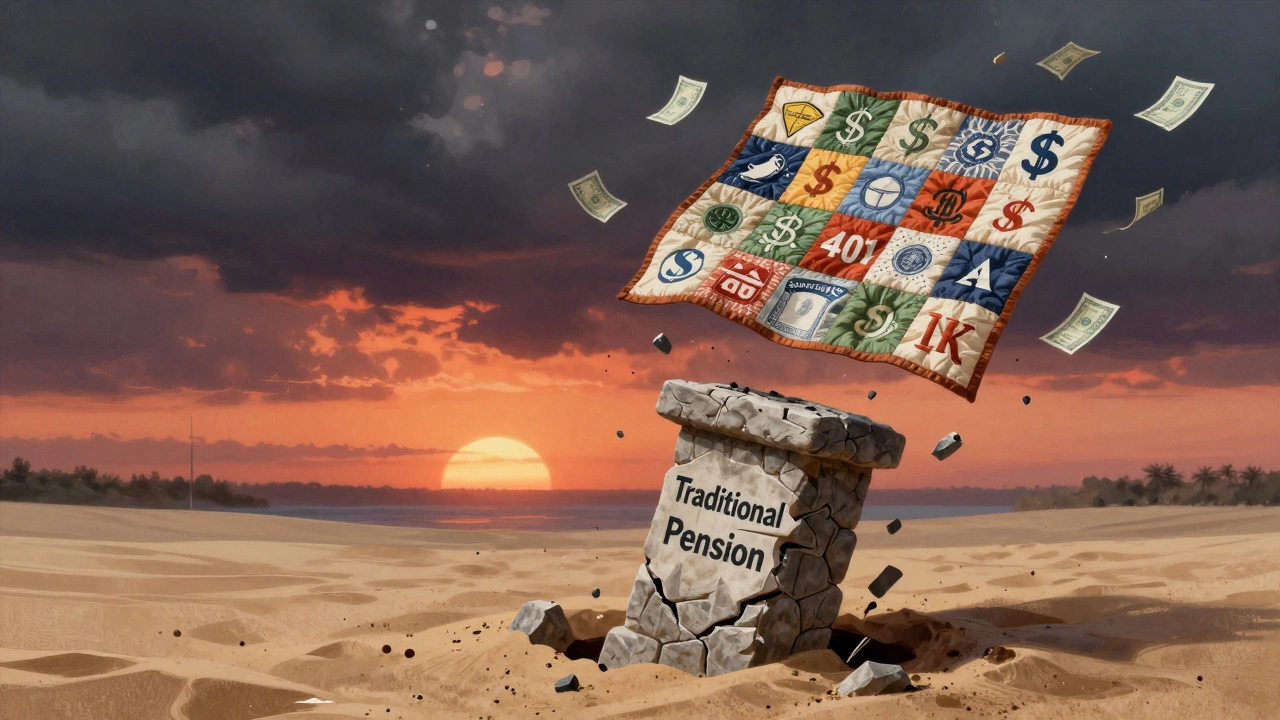 Crumbling pension pillar with a patchwork quilt of retirement income sources rising into a sunset sky.
