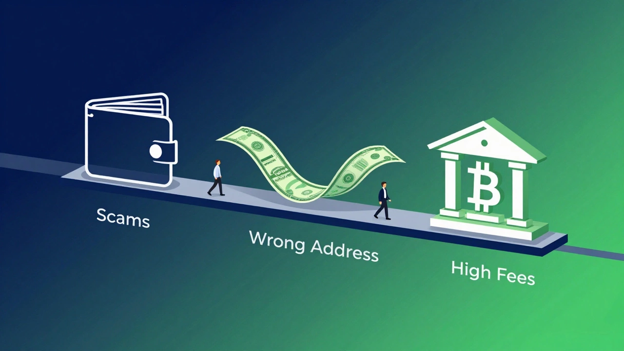 Digital bridge connecting Bitcoin wallet to bank account with money flowing across.