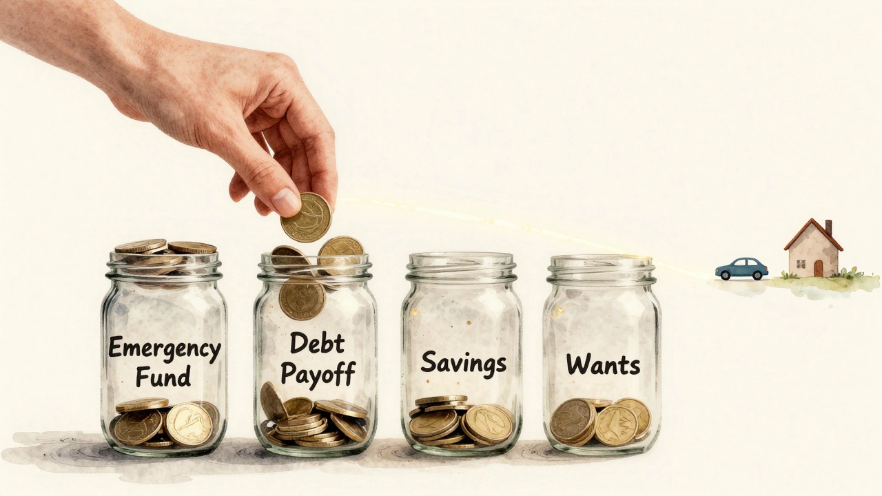 Hand placing coins into labeled jars for emergency fund, debt, savings, and wants.
