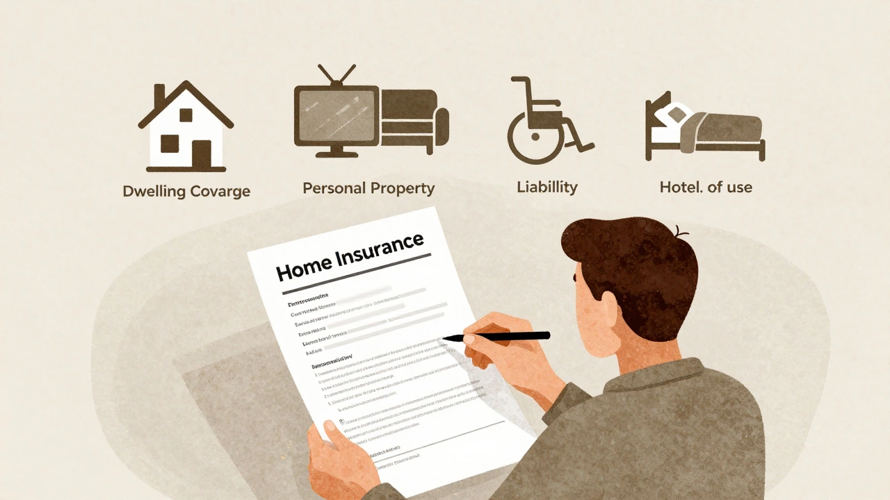 Homeowner reviewing insurance policy with symbolic icons representing coverage types.