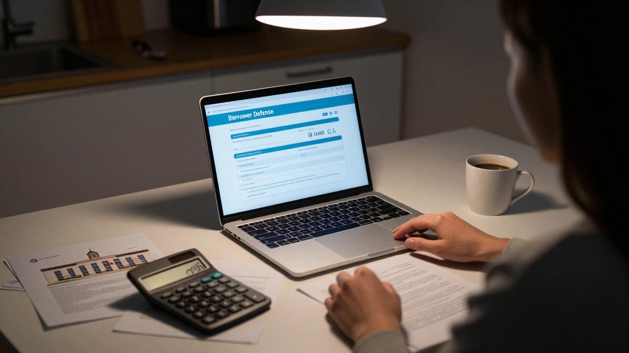 Individual submitting borrower defense application at kitchen table at night