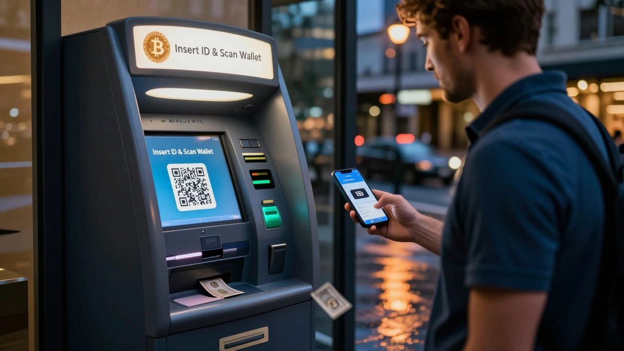 Man using Bitcoin ATM in city street as cash is dispensed.