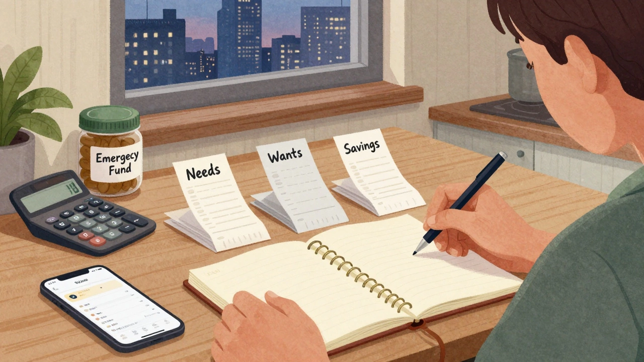 Person categorizing receipts into three piles at a kitchen table with a city view at dusk.