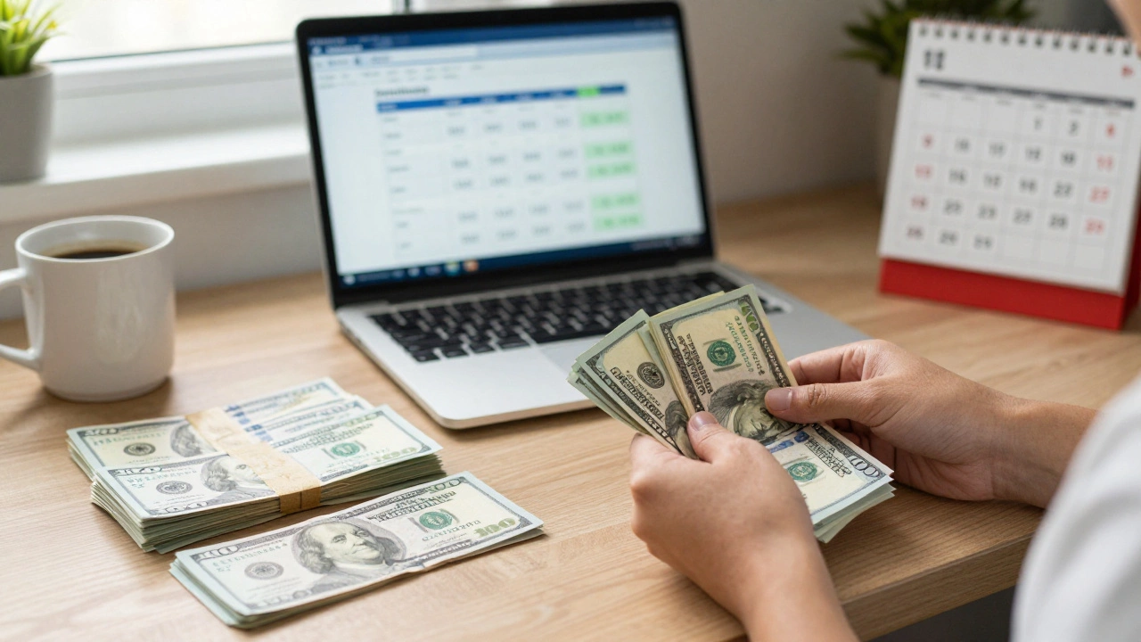 Person counting cash on a kitchen table with loan calculator on laptop, saving for a car down payment.