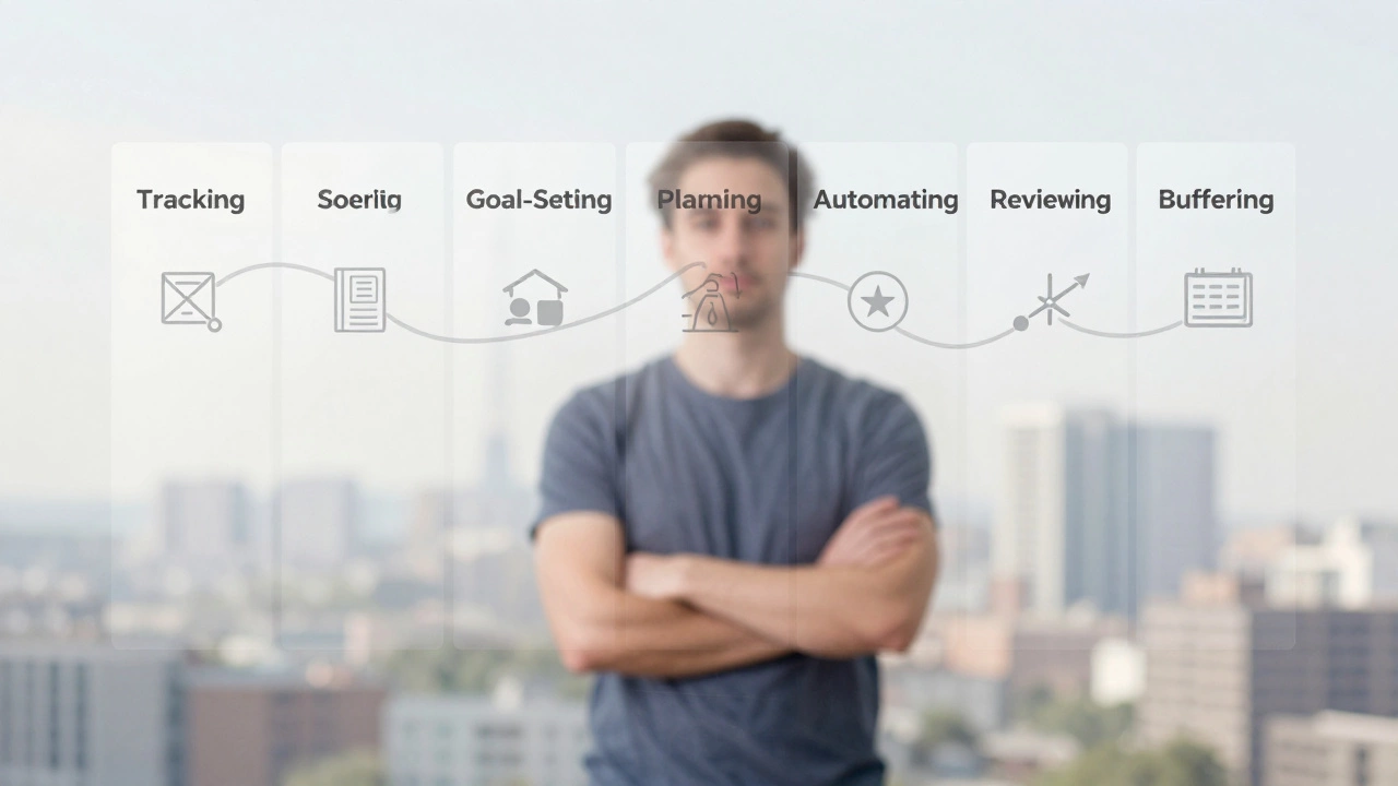 Person standing before a transparent wall showing seven budgeting steps as panels.