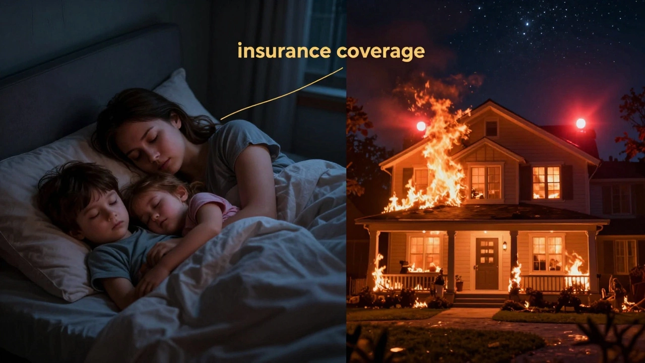 Split image: peaceful home vs. burning home connected by a golden insurance thread.
