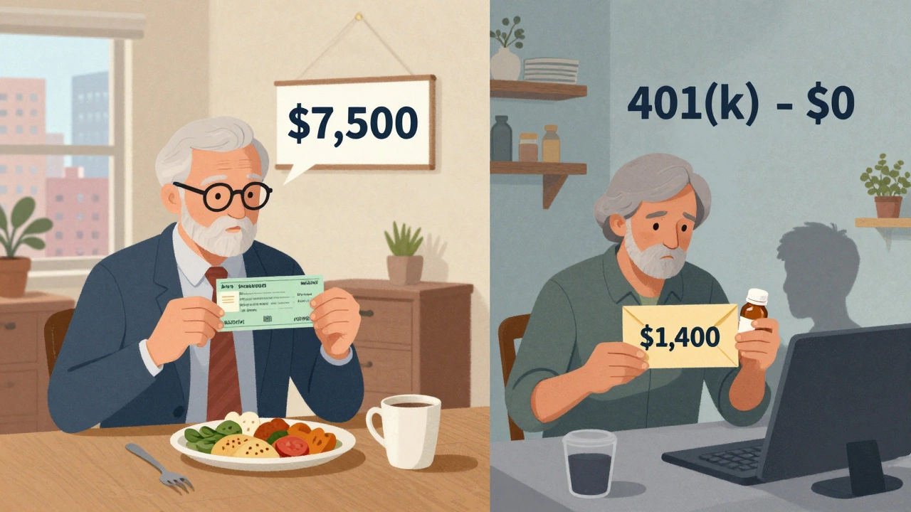 Split image showing contrasting retiree lifestyles: one affluent, one struggling with low income.
