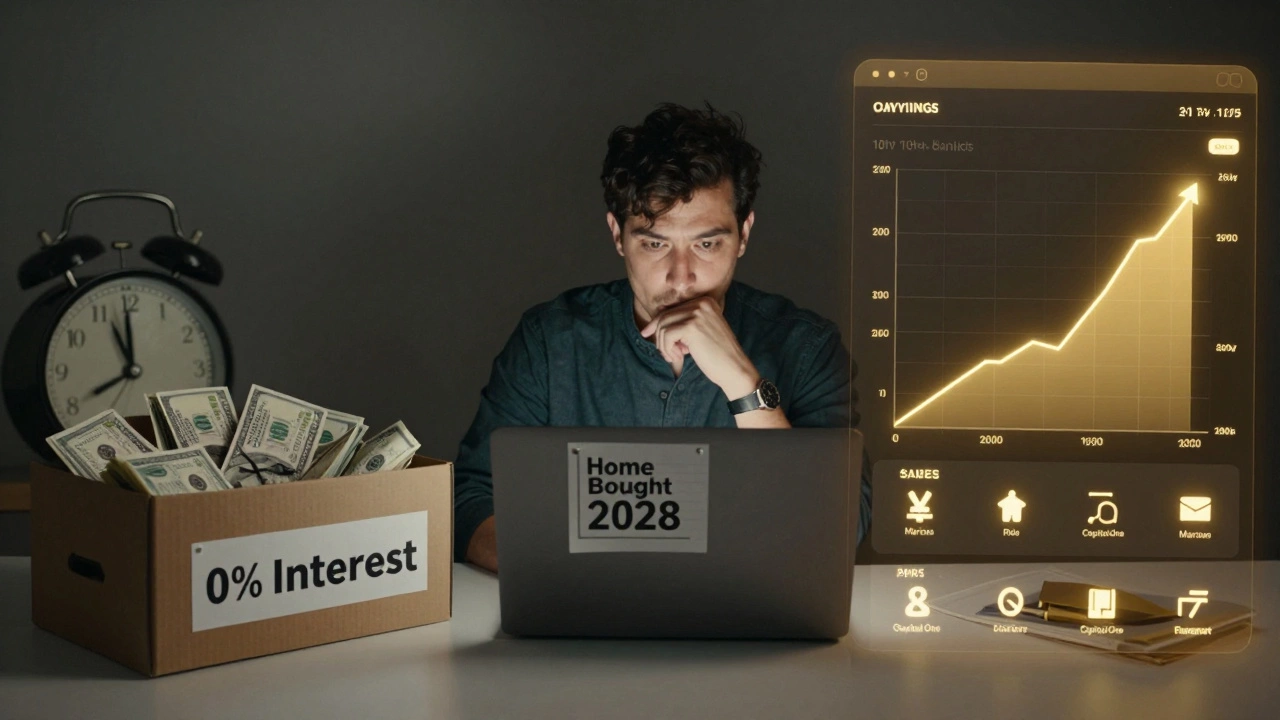 Split screen: left shows cash in a shoebox, right shows digital savings dashboard with bank logos.