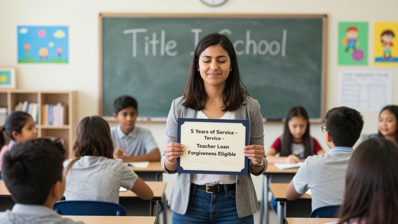 Teacher holding forgiveness certificate in front of a Title I classroom