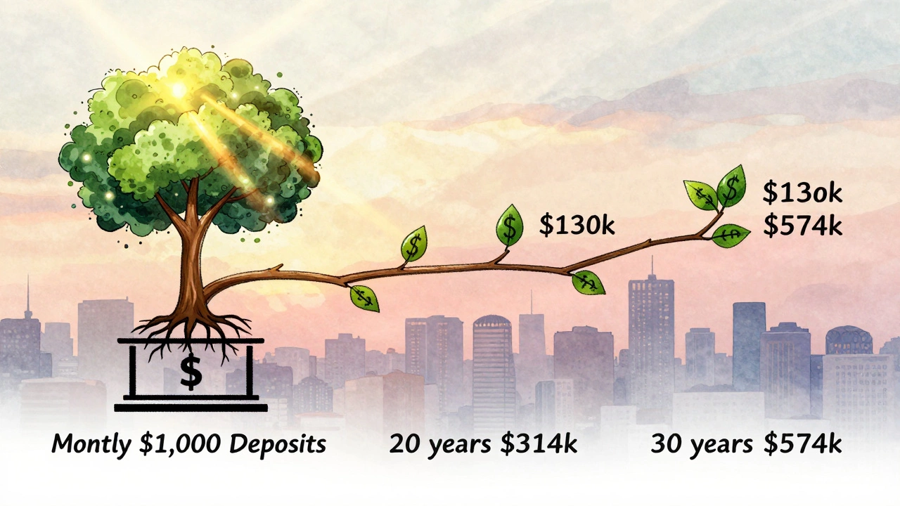 Tree growing from a bank account, with branches labeled with savings totals at 10, 20, and 30 years.