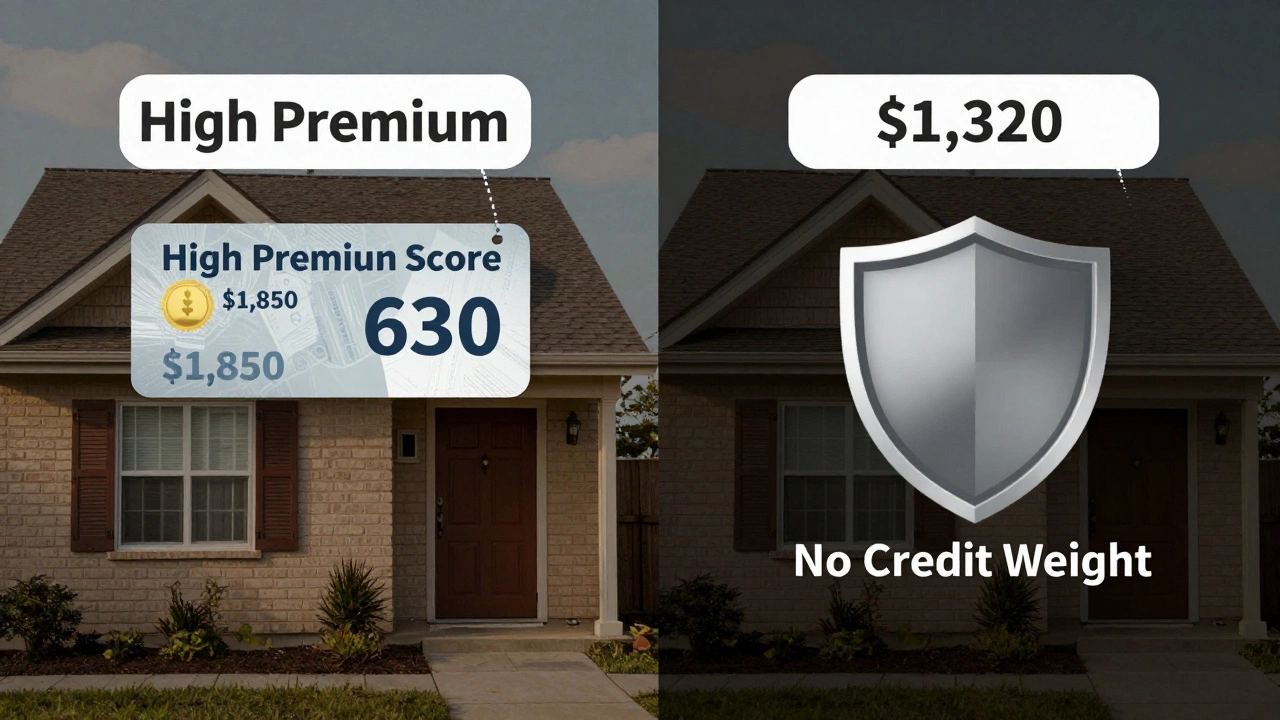 Two homes side by side with different insurance prices, one marked by a credit score, the other by a shield.