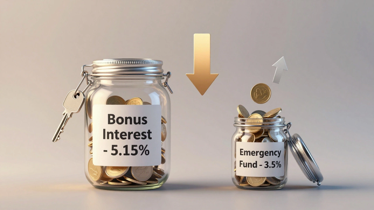 Two jars representing savings accounts: one locked with high interest, one open with emergency funds.