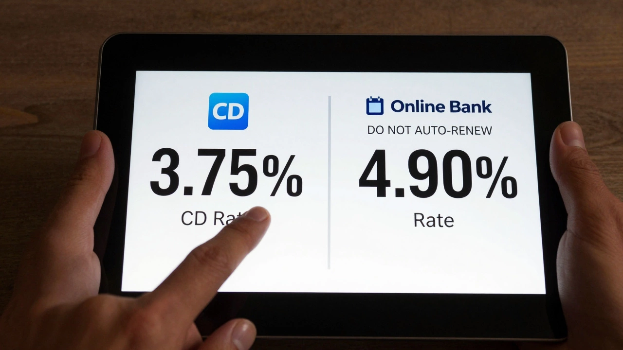 Two screens showing different CD rates, with a reminder to avoid automatic renewal.