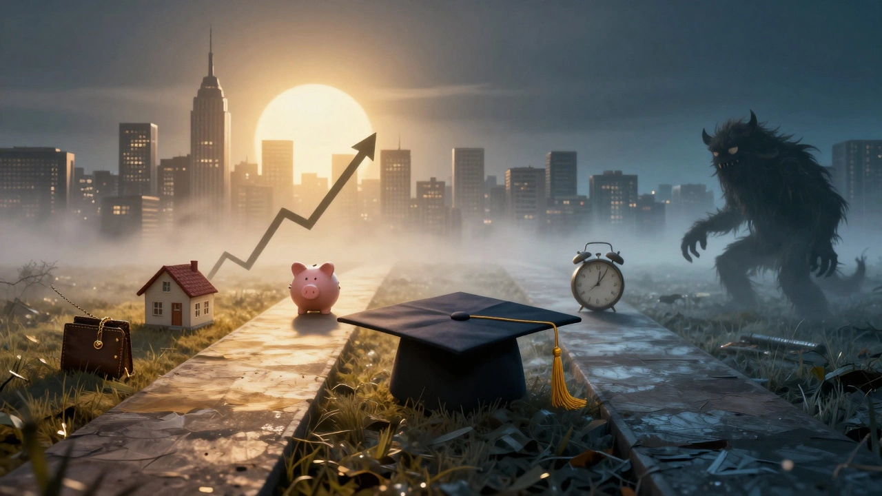 Two symbolic paths from a graduation cap: one bright with career and savings, the other dark with debt and time running out.