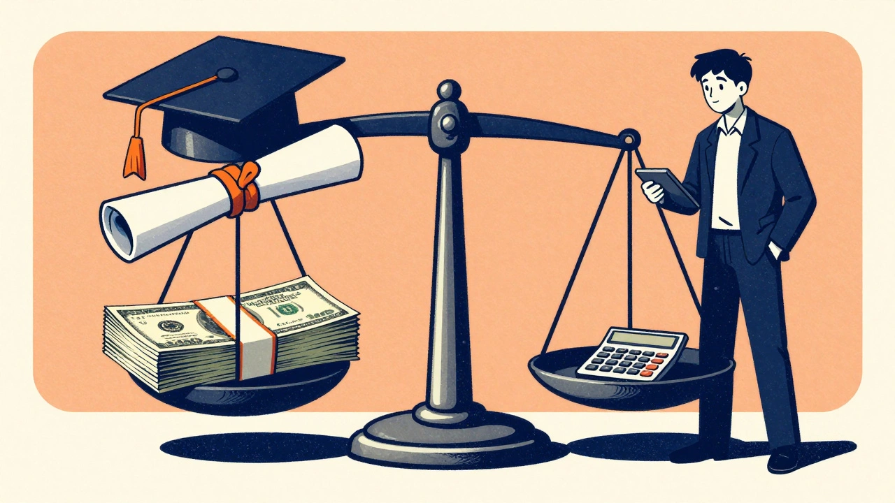 Vintage-style illustration of a scale balancing a diploma against a stack of interest-labeled dollar bills.