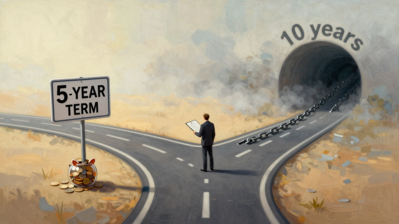 A person at a crossroads: one path leads to savings, the other to a long tunnel of debt and fees.