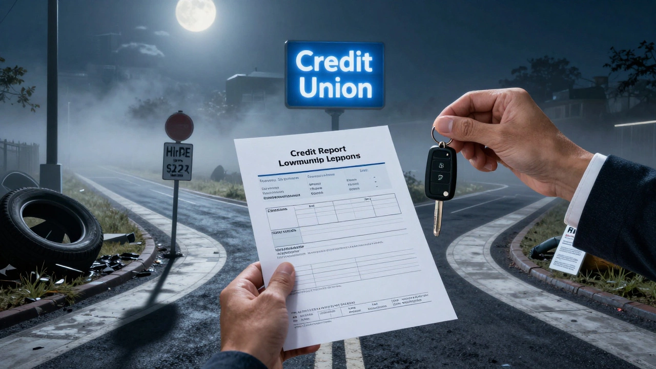 A person at a crossroads with two car loan paths: one bright and clear, the other dark and cluttered with financial traps.