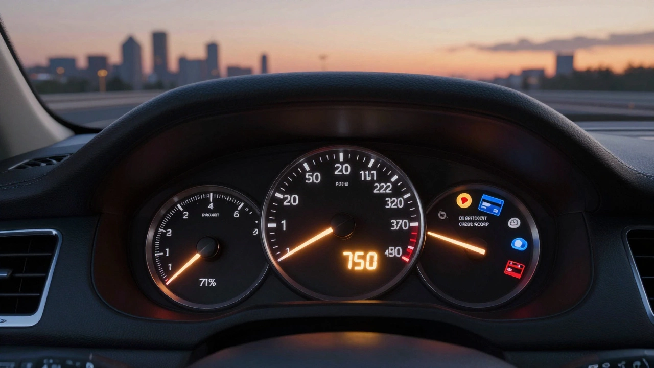 Car dashboard with fuel gauge at 20% and credit card icons, symbolizing financial safety margin.