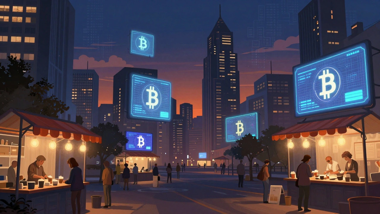 Futuristic city with Bitcoin logos in the sky and people using Bitcoin for everyday purchases.