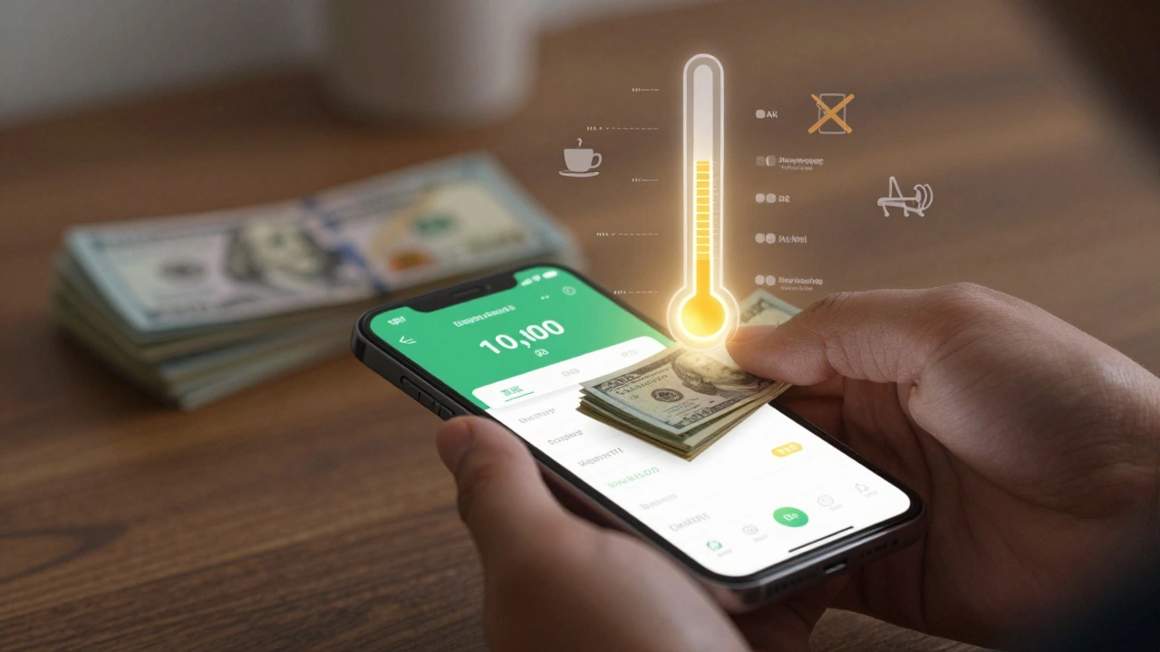 Hand depositing cash into a smartphone savings app as digital balance rises, with a filling thermometer chart in the background.