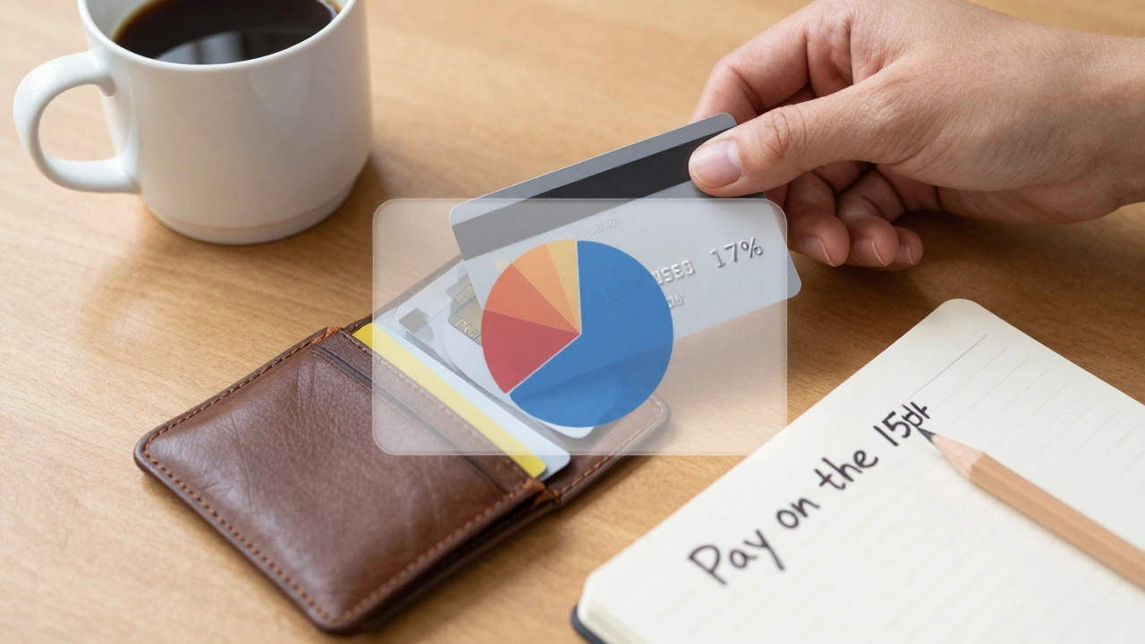 Hand placing one credit card in wallet while utilization chart shows 17%, other cards unused.