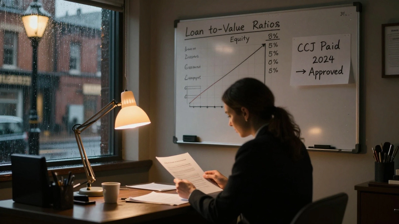 Mortgage broker and client reviewing documents in a dimly lit UK office, with credit history notes visible on wall.