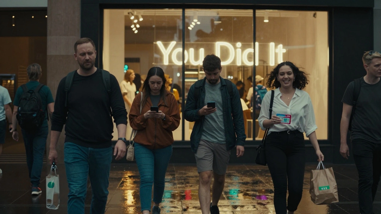 People walking at dusk past a storefront window displaying 'You Did It'—one holds a car key, another checks a ,000 balance.