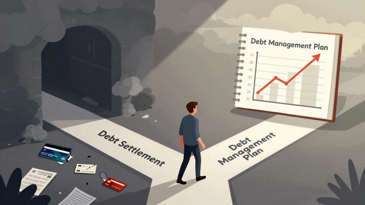Person choosing between a dark debt settlement path and a bright debt management path.