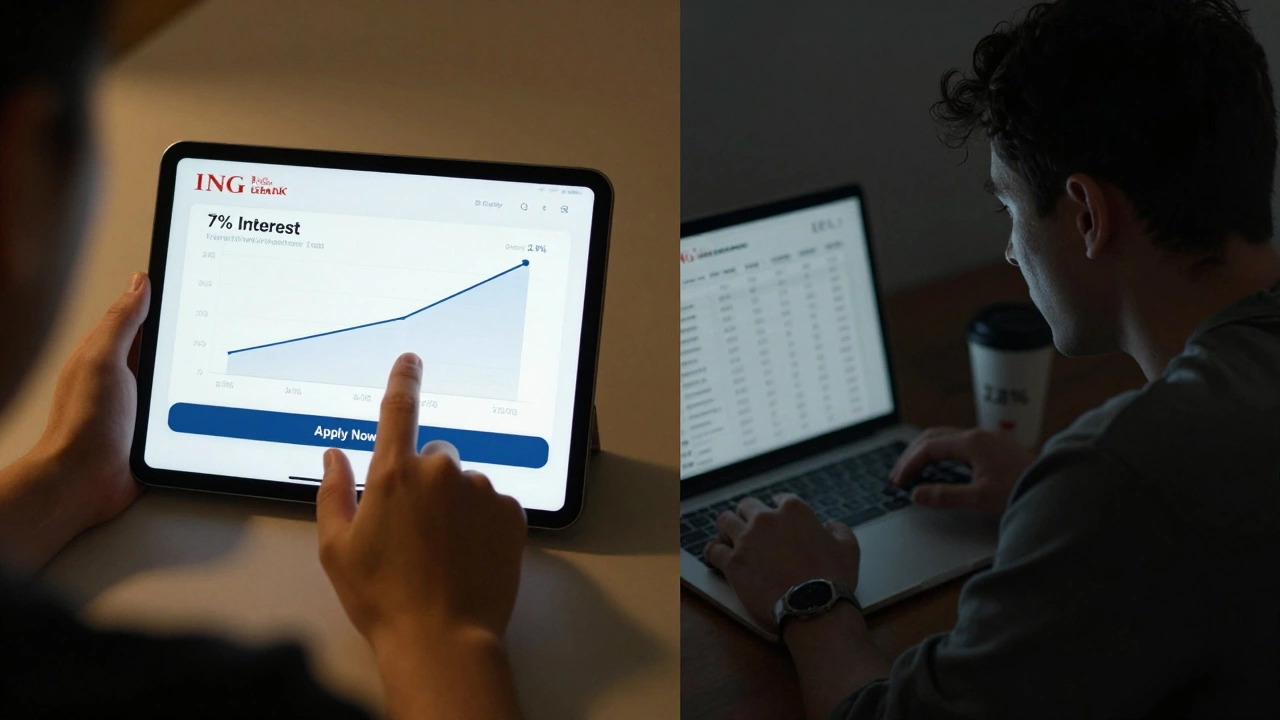 Person comparing high-interest savings offers on a tablet, then later looking at a low balance with faded reminders.