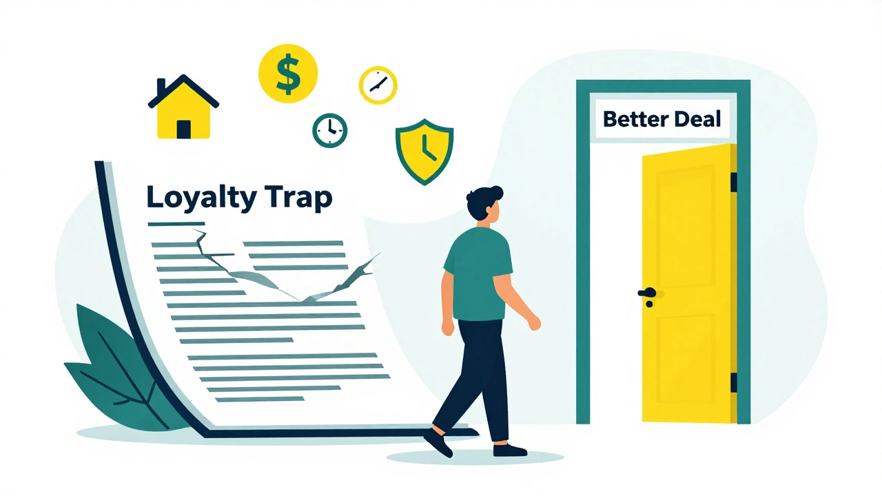 Person walking away from a crumbling 'loyalty trap' toward a bright door labeled 'Better Deal'.