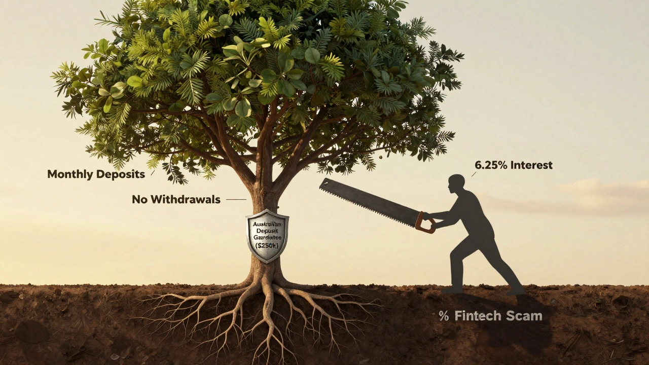 Savings account as a thriving tree with conditions as branches, protected by deposit guarantee shield.