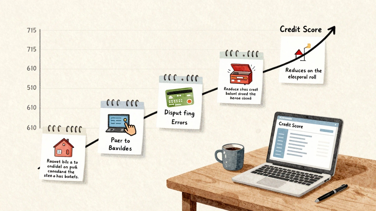 Timeline of credit repair steps in a home office, showing score rising from 610 to 715 with key actions depicted.