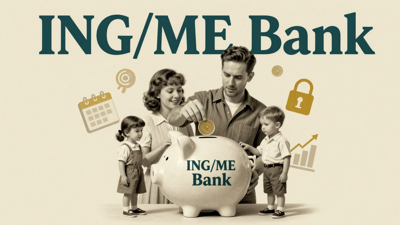 Vintage-style family depositing money into piggy bank with icons of calendar and lock.