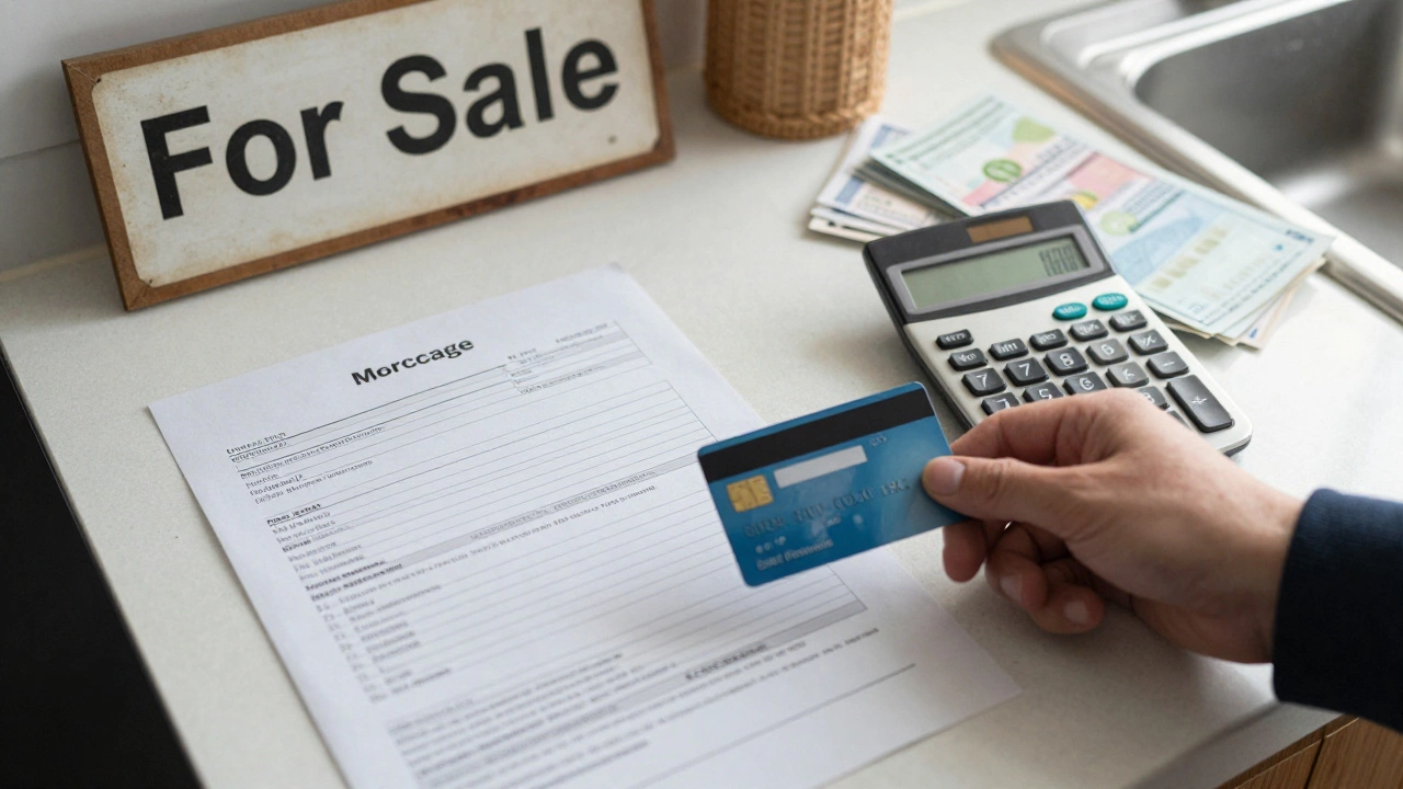 A cluttered kitchen counter with mortgage documents, a calculator, and a credit card, symbolizing financial stress.