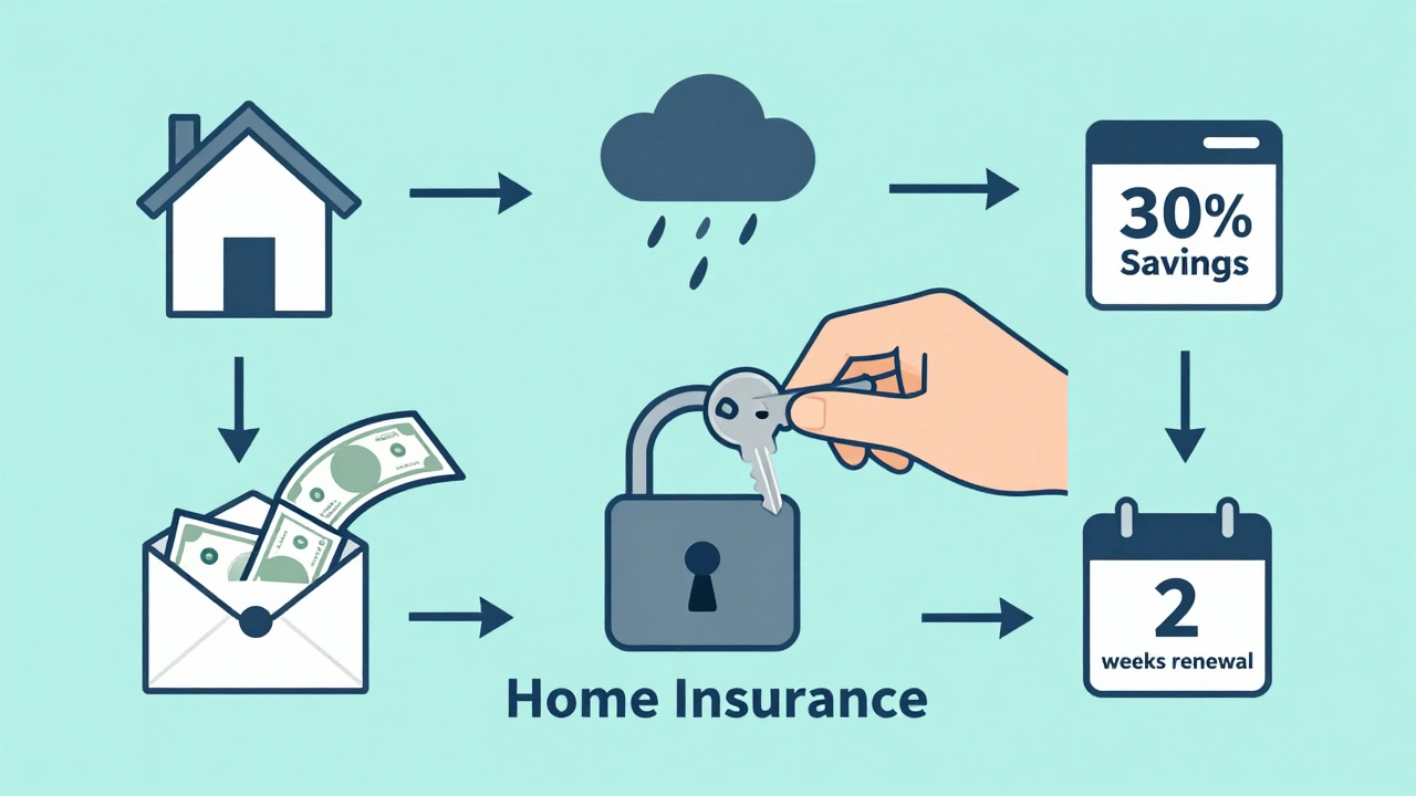 A hand unlocking home insurance savings, with dollar bills flowing from an old policy to a new one, represented by simple icons.