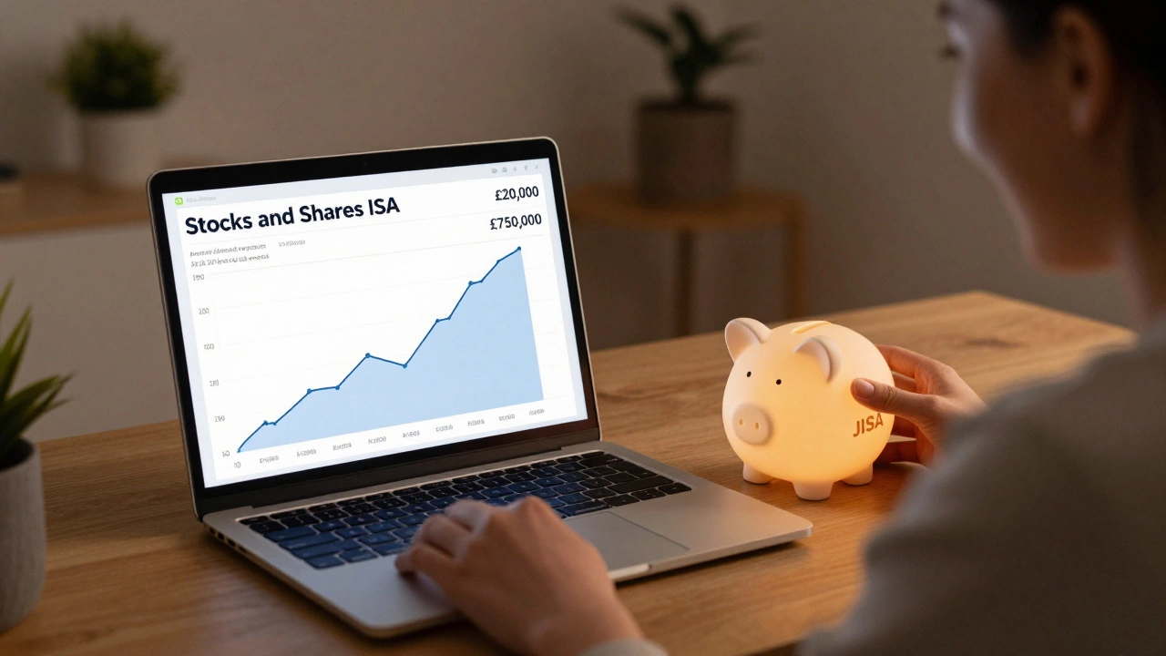A person watching a growing ISA investment graph on a laptop, with a JISA piggy bank beside.