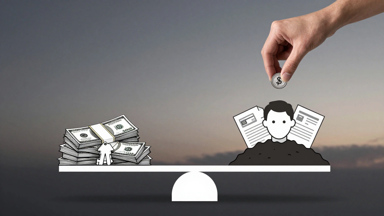 A symbolic scale balancing ,000 savings against overwhelming debt, with a hand adding a single coin.