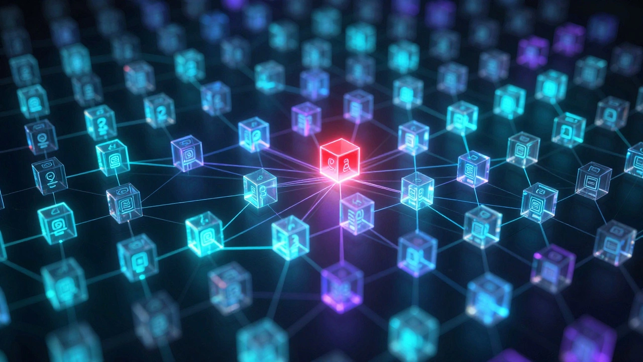 Abstract 3D network of nodes replicating blockchain transactions with glowing connections