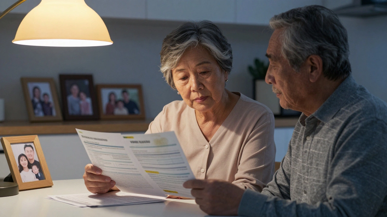 An elderly couple reviewing financial papers at home, one holding a reverse mortgage brochure.