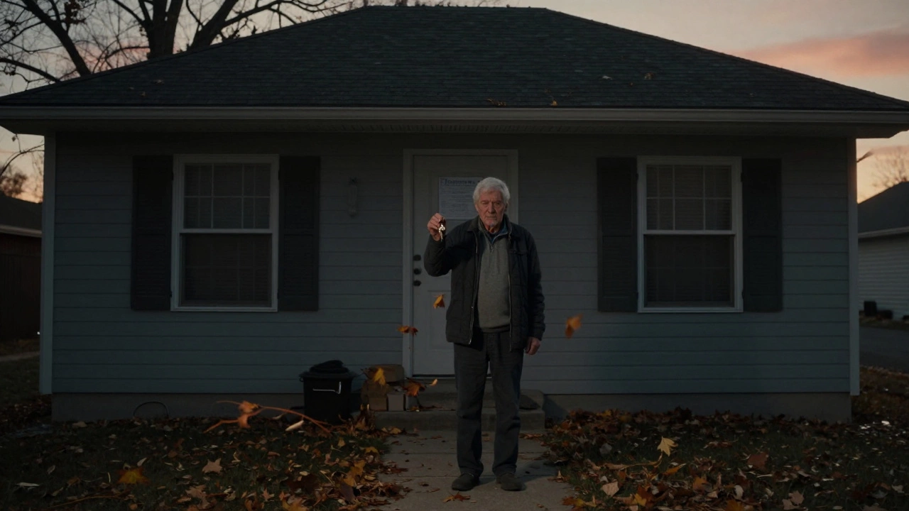 An elderly man standing before his closed home at dusk, holding a key, with a foreclosure notice barely visible.