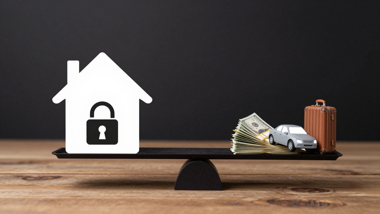 Balance scale comparing home equity against cash spending on car and vacation.